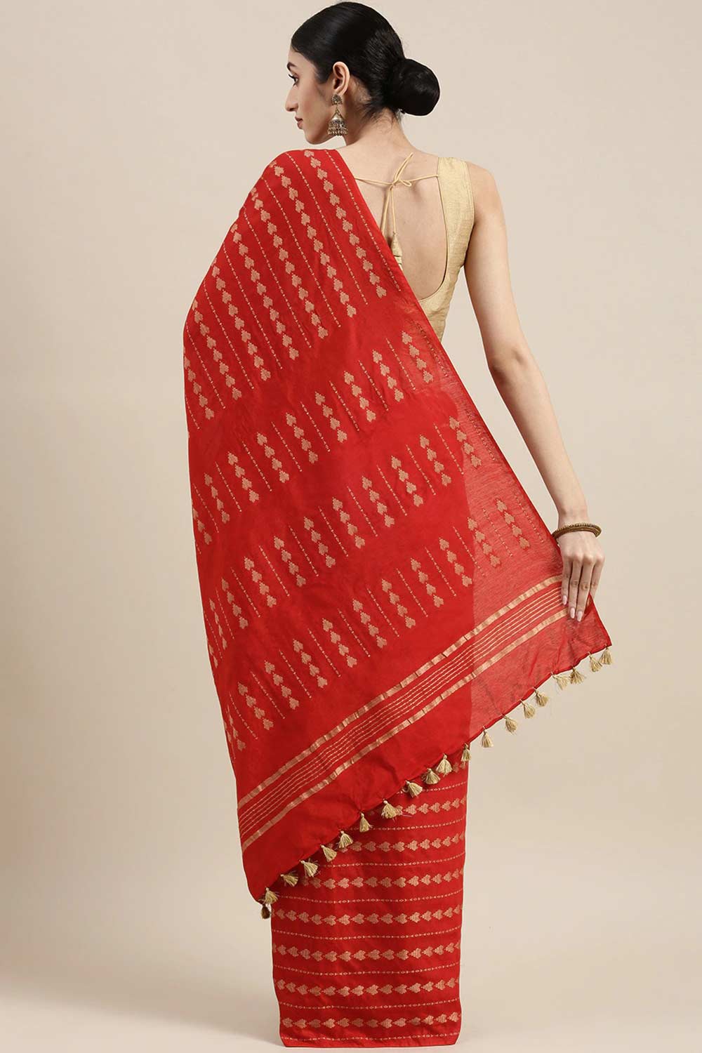 Buy Red Zari Woven Silk Blend One Minute Saree Online - Back