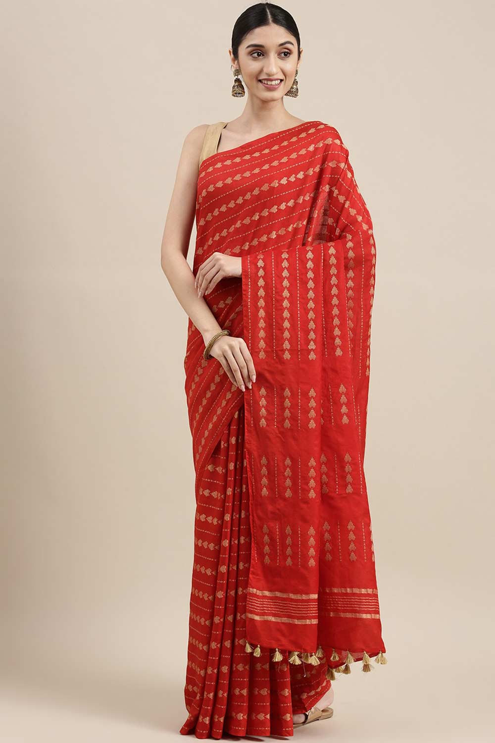 Buy Red Zari Woven Silk Blend One Minute Saree Online