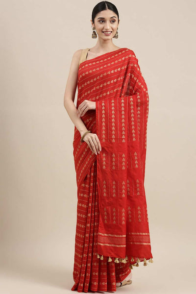 Buy Red Zari Woven Silk Blend One Minute Saree Online