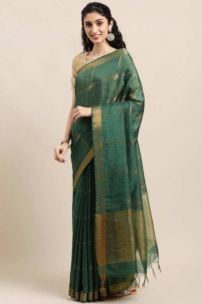 Buy Dark Green Zari Woven Blended Silk One Minute Saree Online
