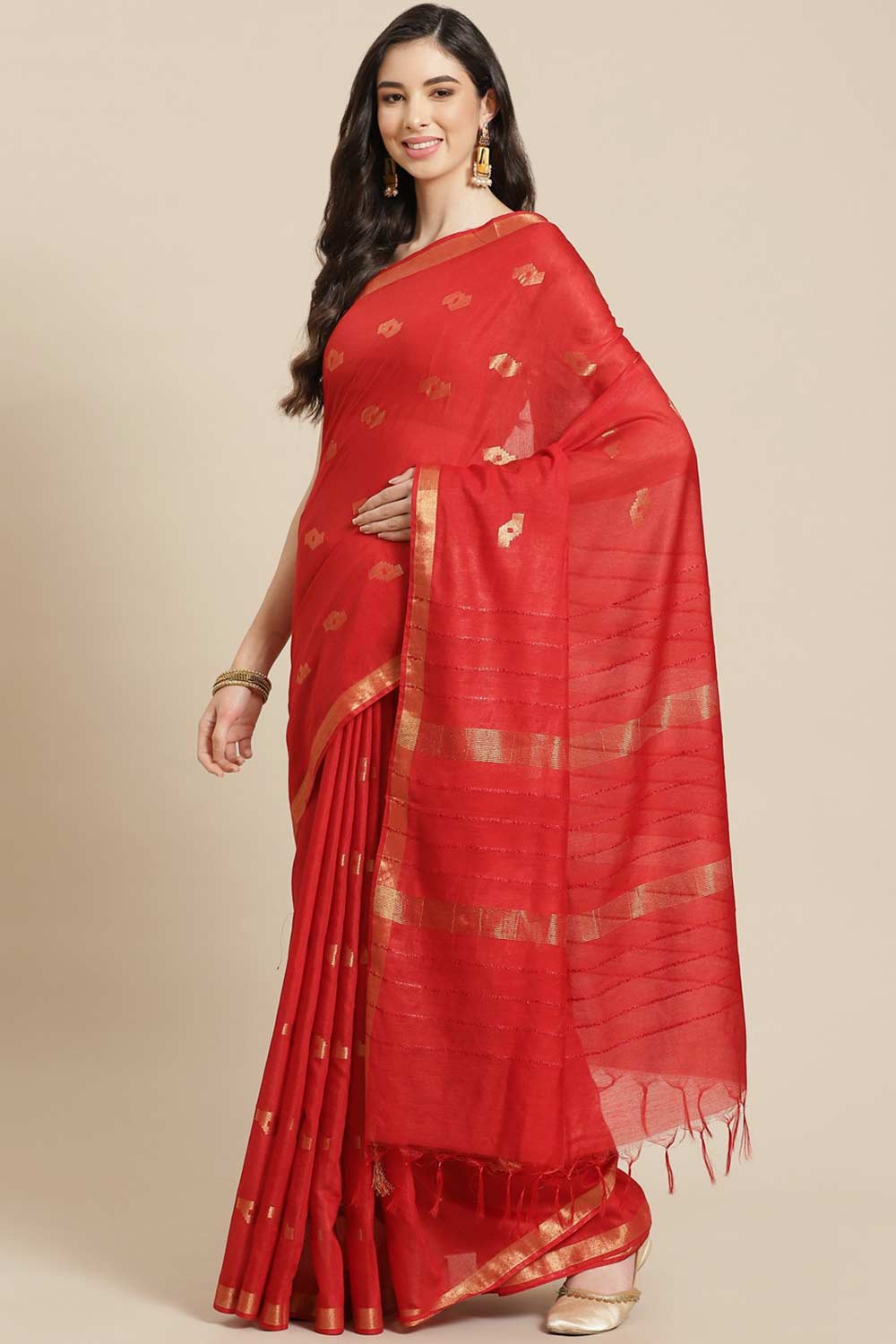 Buy Red Zari Woven Blended Silk One Minute Saree Online