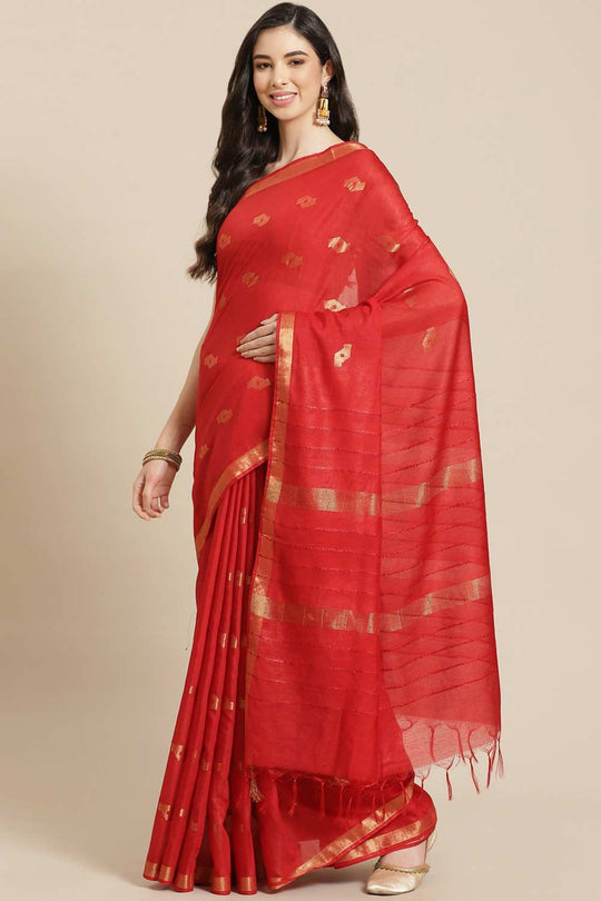 Buy Red Zari Woven Blended Silk One Minute Saree Online