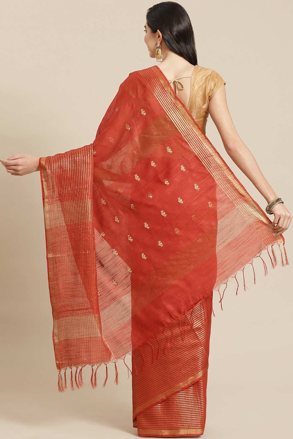 Buy Red Zari Woven Blended Silk One Minute Saree Online - Back