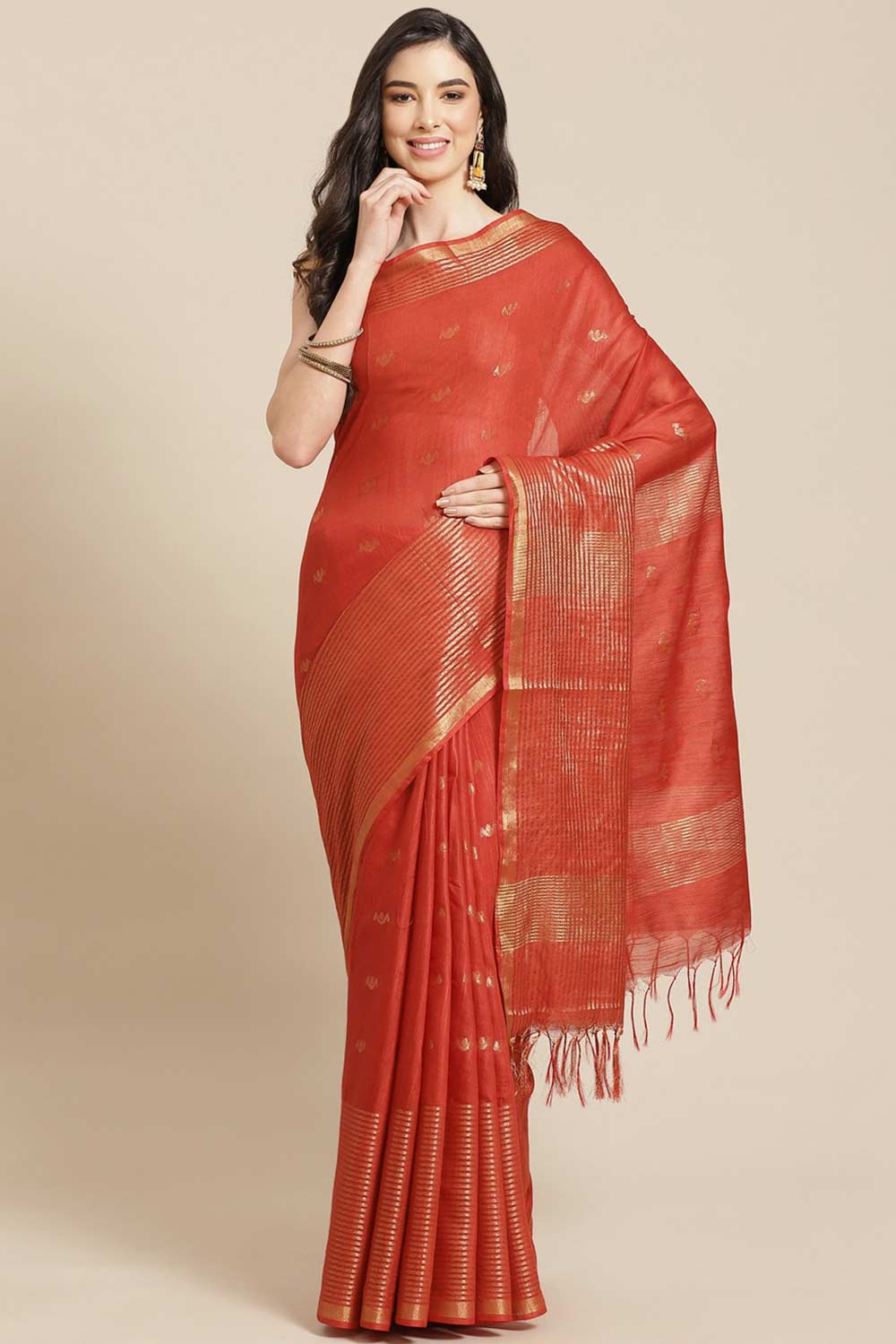 Buy Red Zari Woven Blended Silk One Minute Saree Online