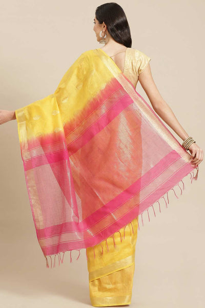 Buy Light Yellow Zari Woven Blended Silk One Minute Saree Online - Back