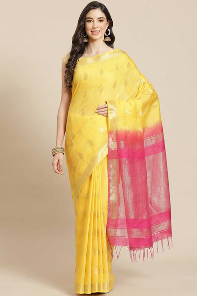 Buy Light Yellow Zari Woven Blended Silk One Minute Saree Online