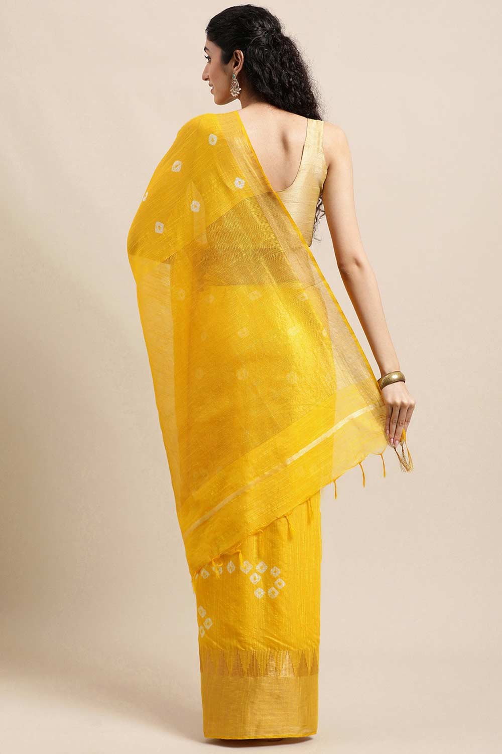 Buy Yellow Zari Woven Blended Silk One Minute Saree Online - Back