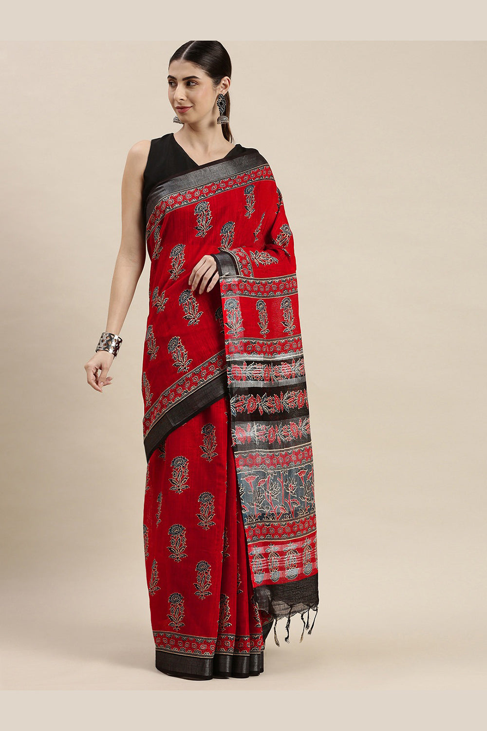 Buy Red Floral Print Linen One Minute Saree