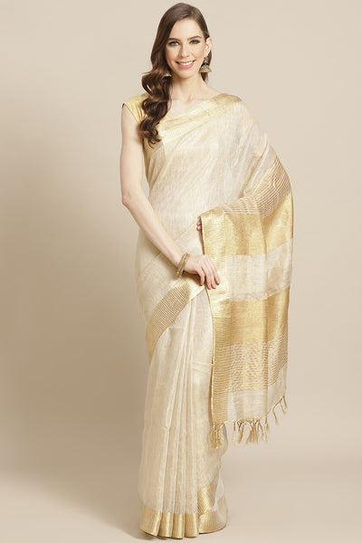 Buy Off White Woven Linen One Minute Saree