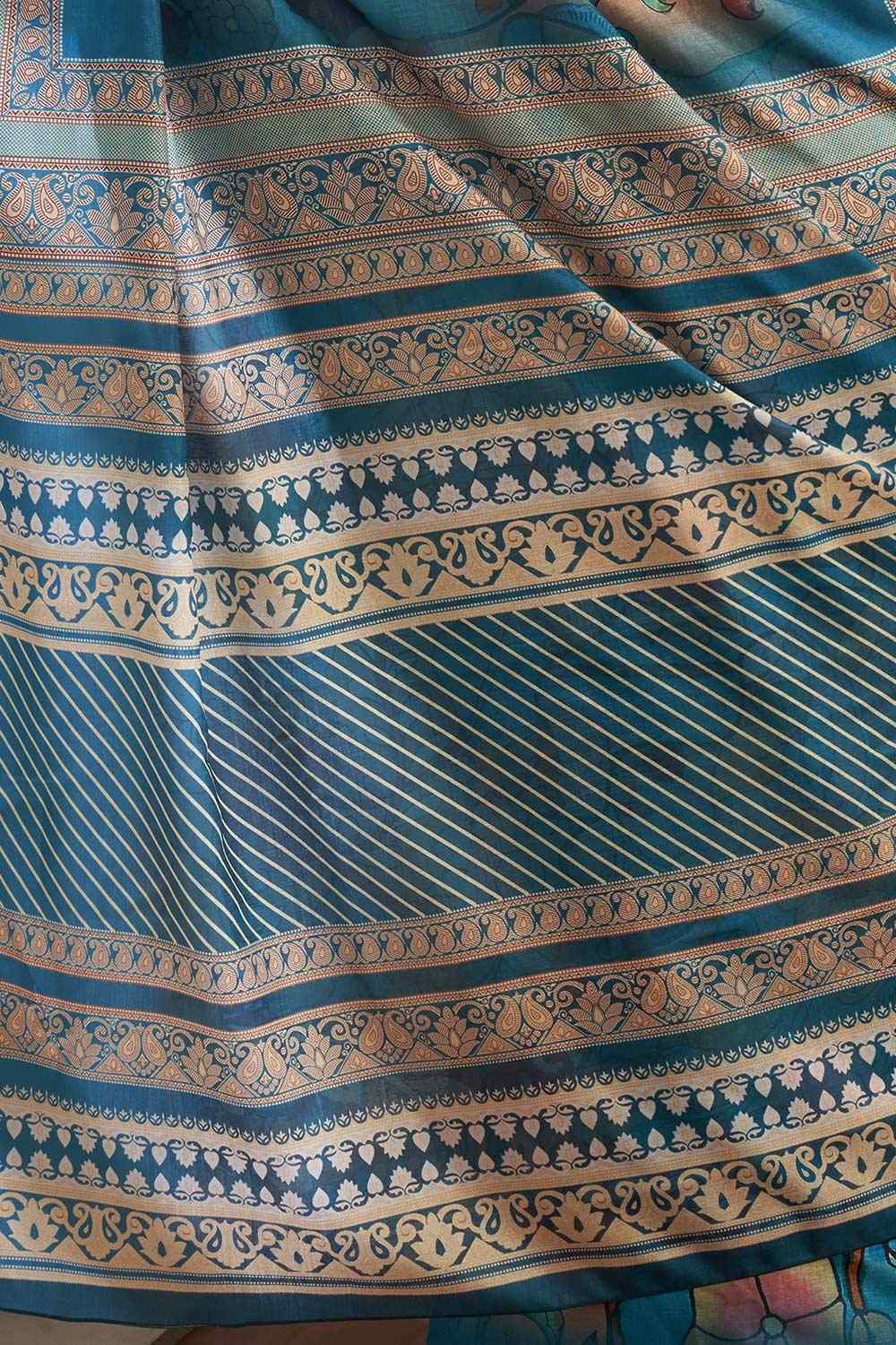 Janvi Blue Manipuri Silk Kalamkari Digital Print Pochampally One Minute Saree