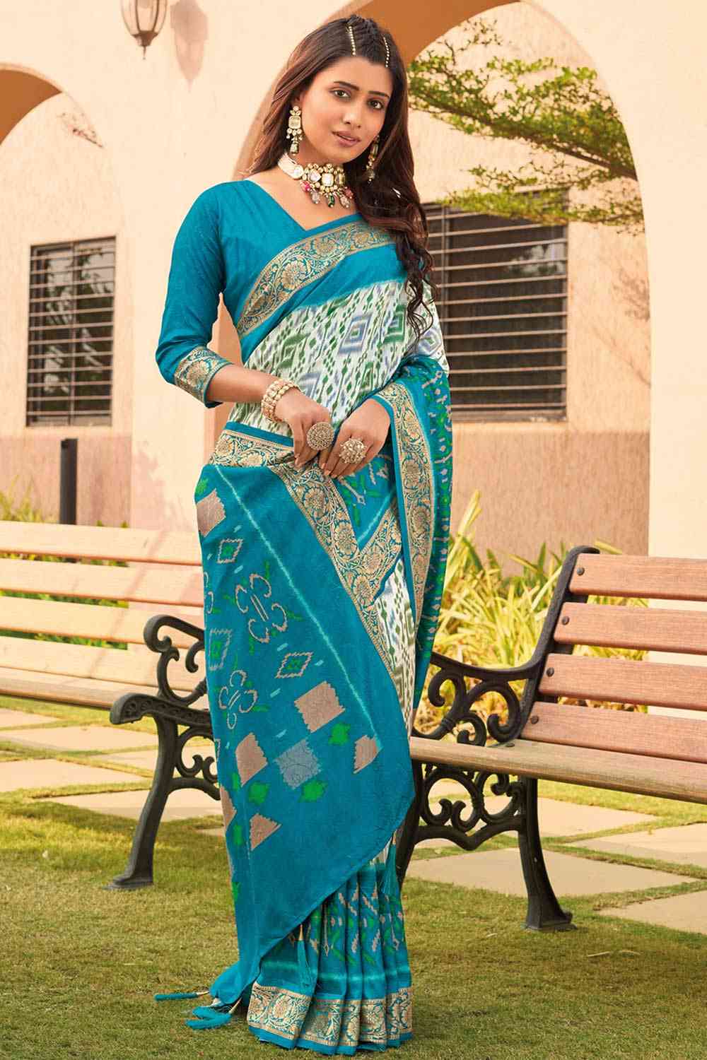 Buy White Viscose Ikat Design One Minute Saree Online