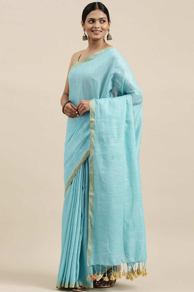 Buy Sky Blue Solid Linen Blend One Minute Saree Online