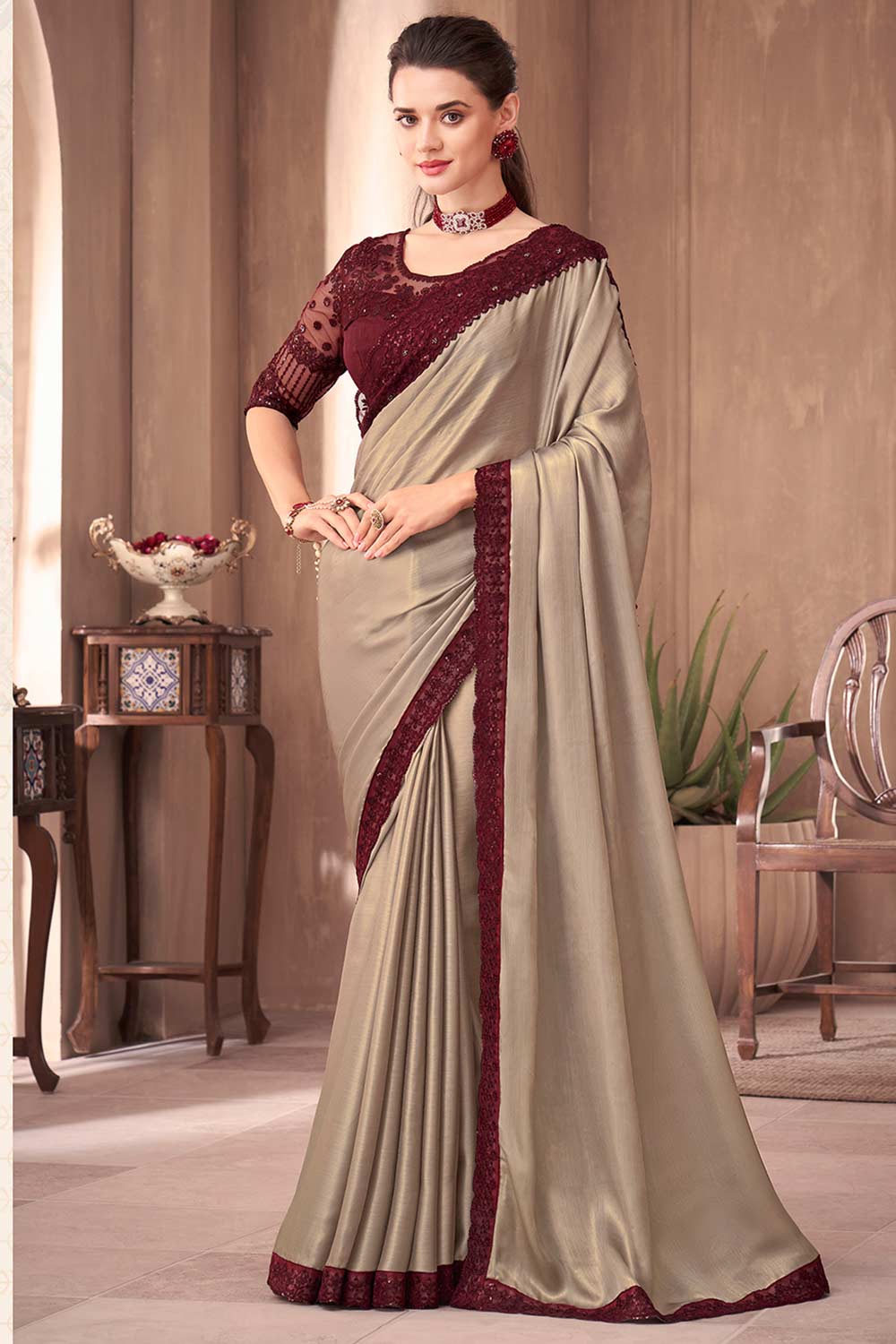 Buy Beige Georgette Embellished One Minute Saree Online