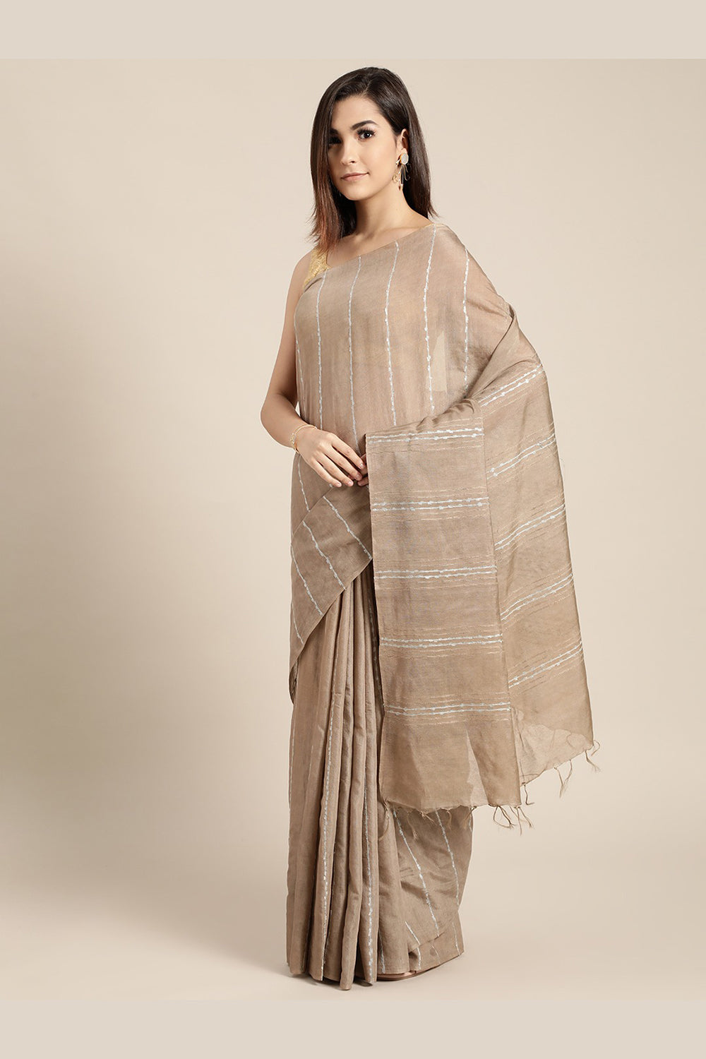 Buy Brown Stripes, Woven Art Silk One Minute Saree