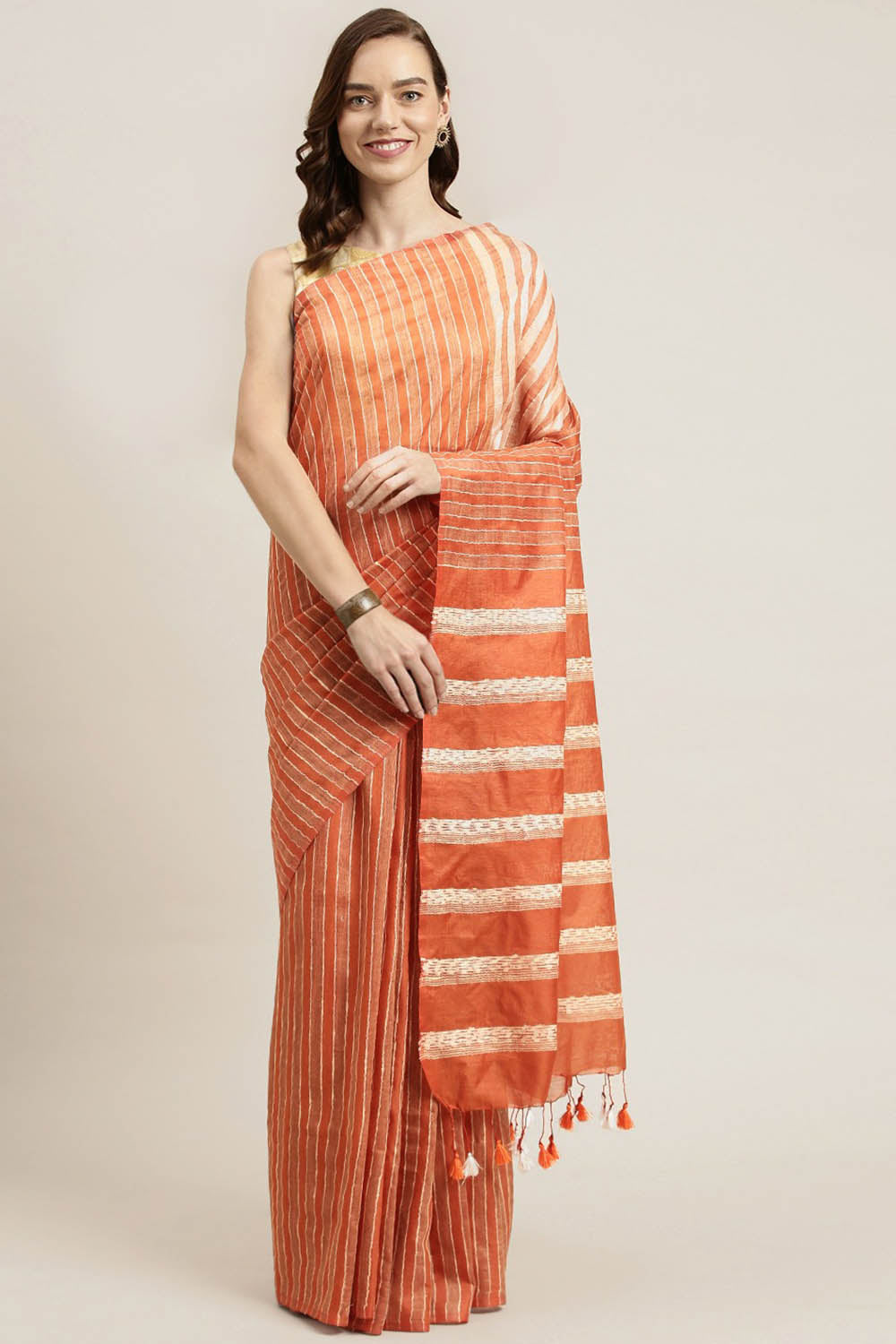 Buy Orange Woven Art Silk One Minute Saree