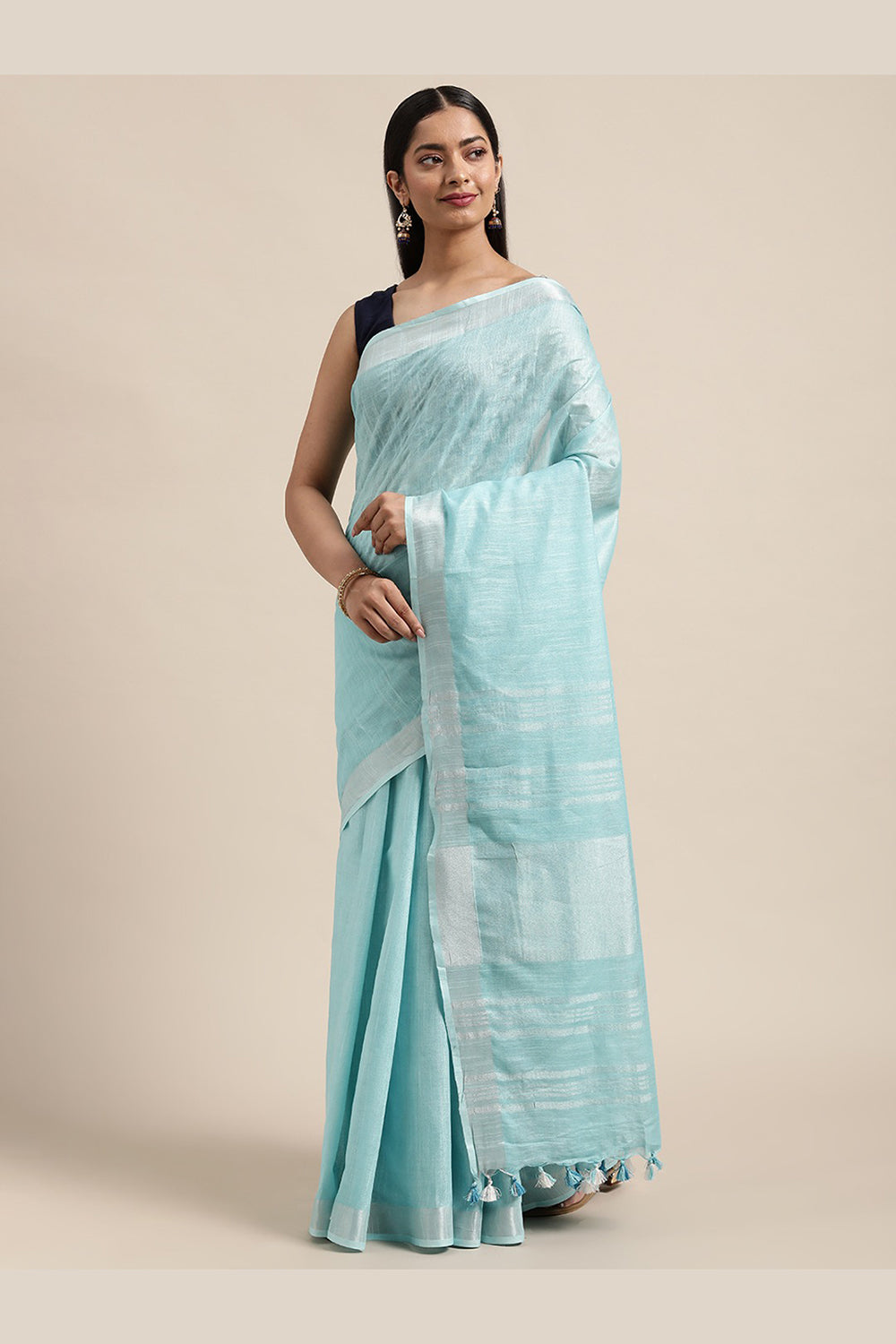 Buy Blue Woven Linen One Minute Saree