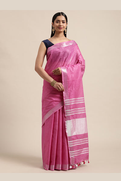 Buy Pink Woven Linen One Minute Saree