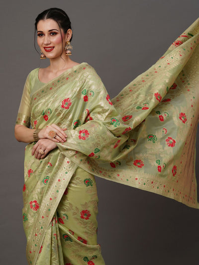 Rosa Lime Green Organza Banarasi One Minute Saree