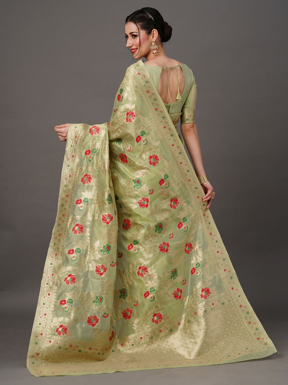 Rosa Lime Green Organza Banarasi One Minute Saree