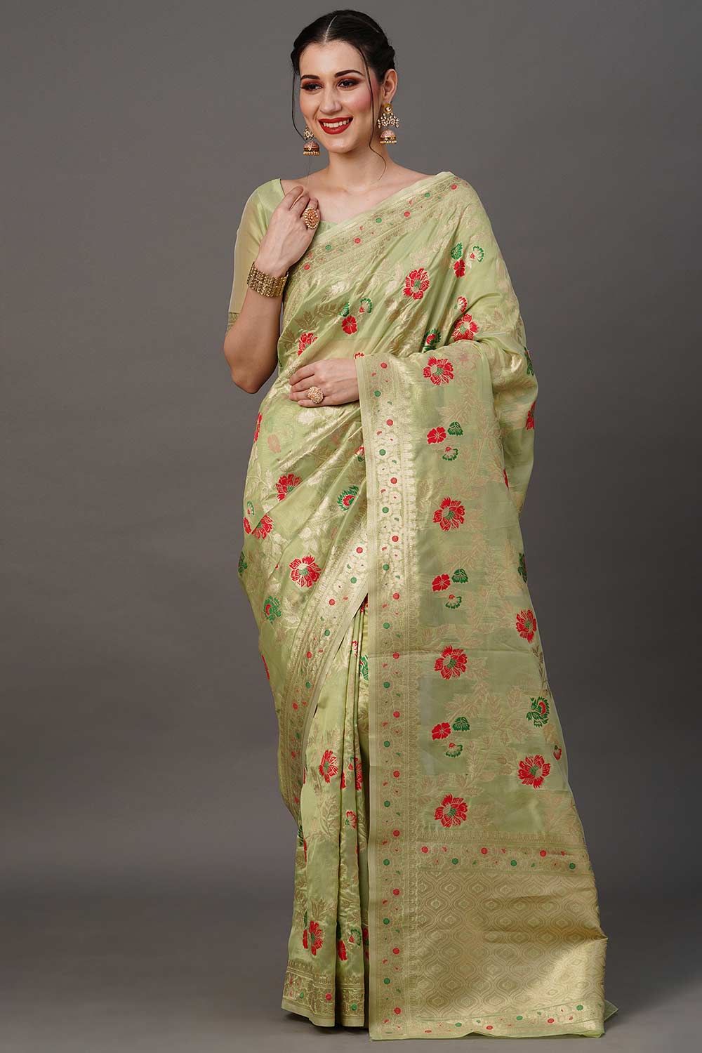 Rosa Lime Green Organza Banarasi One Minute Saree