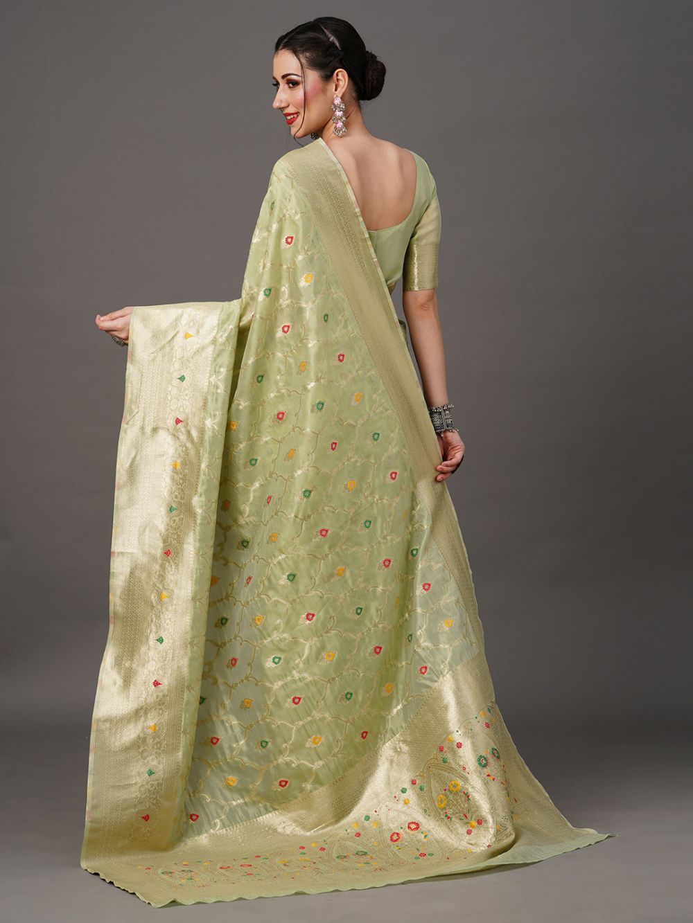 Neeta Lime Green Organza Banarasi One Minute Saree