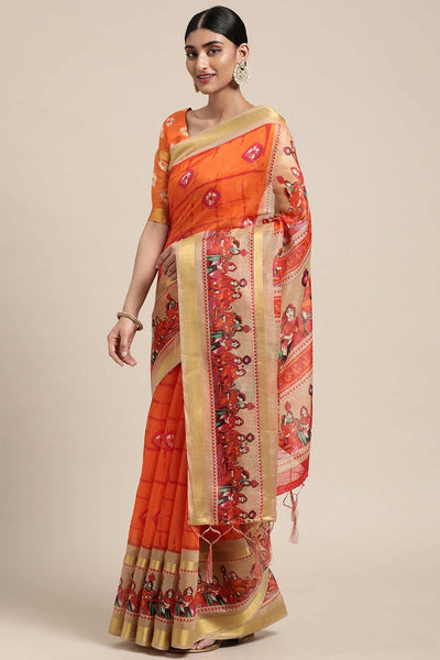 Jyoti Orange Linen Blend Bandhani Print Taant One Minute Saree