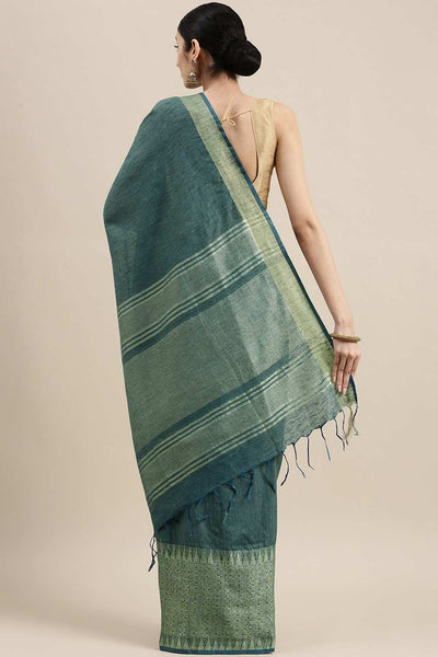 Buy Blue Zari Woven Silk Blend One Minute Saree Online - Back