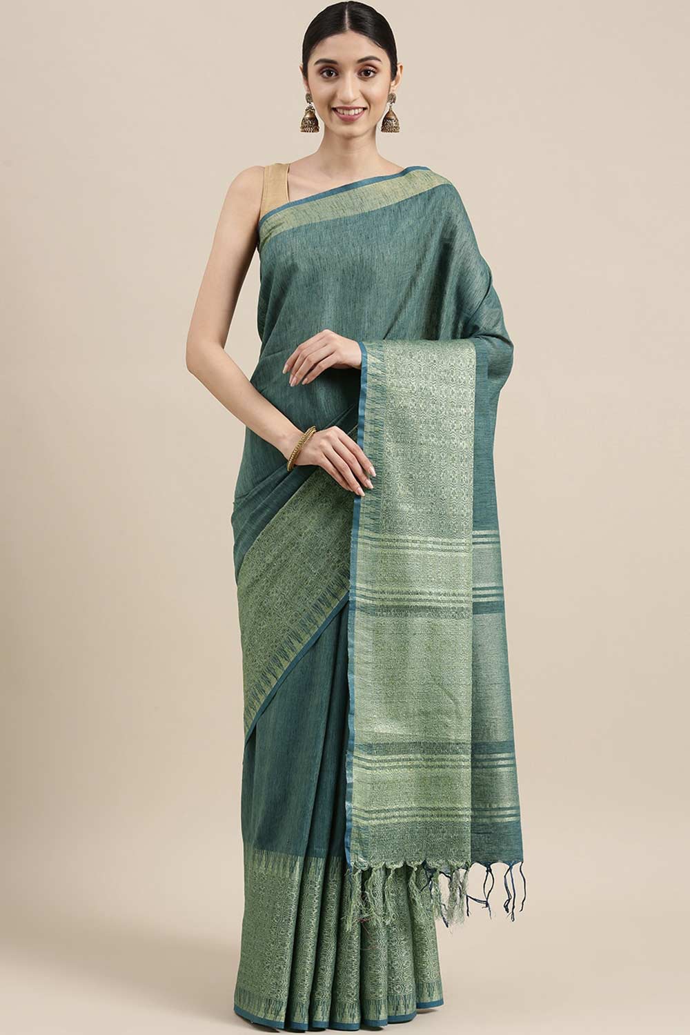 Buy Blue Zari Woven Silk Blend One Minute Saree Online