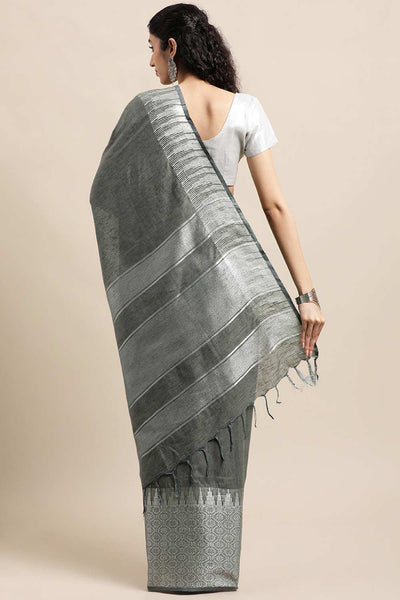 Buy Grey Zari Woven Silk Blend One Minute Saree Online - Back