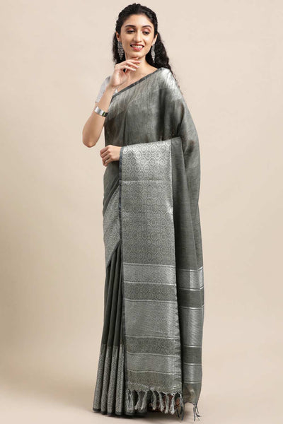 Buy Grey Zari Woven Silk Blend One Minute Saree Online