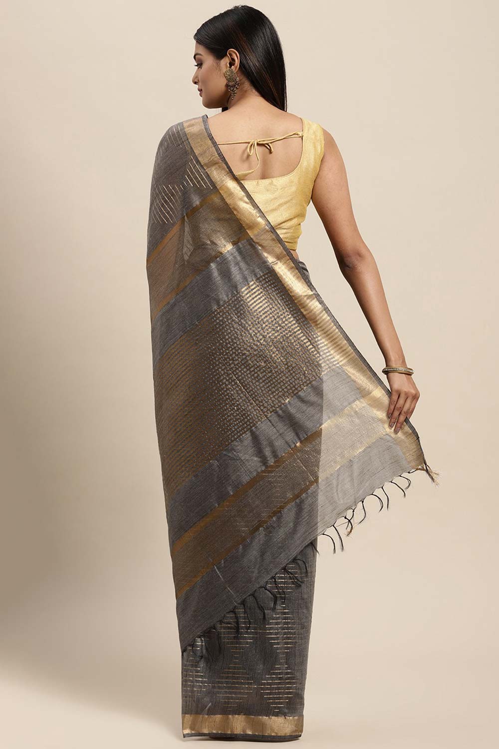 Lori Grey Silk Blend Stripe One Minute Saree