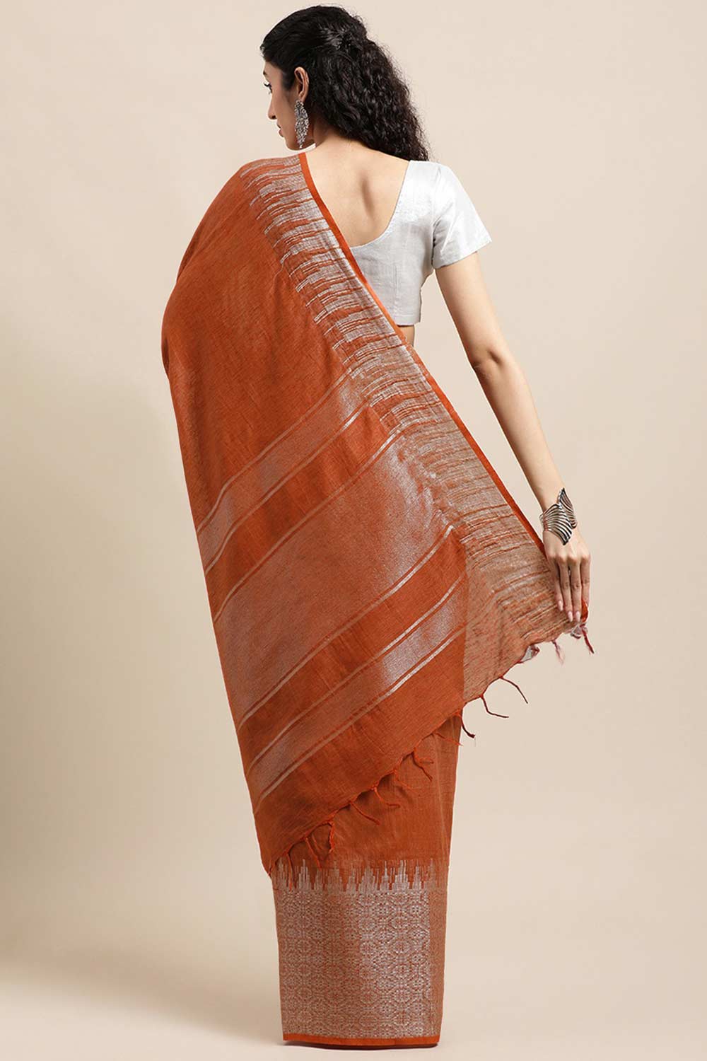 Buy Rust Zari Woven Silk Blend One Minute Saree Online - Back