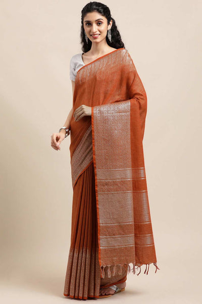 Buy Rust Zari Woven Silk Blend One Minute Saree Online