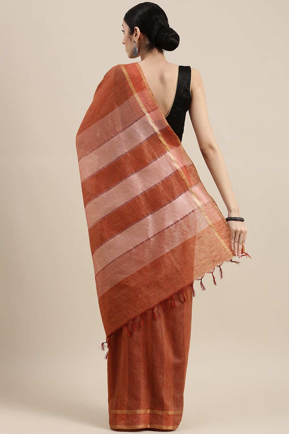 Buy Orange Zari Woven Silk Blend One Minute Saree Online - Back