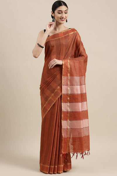 Buy Orange Zari Woven Silk Blend One Minute Saree Online