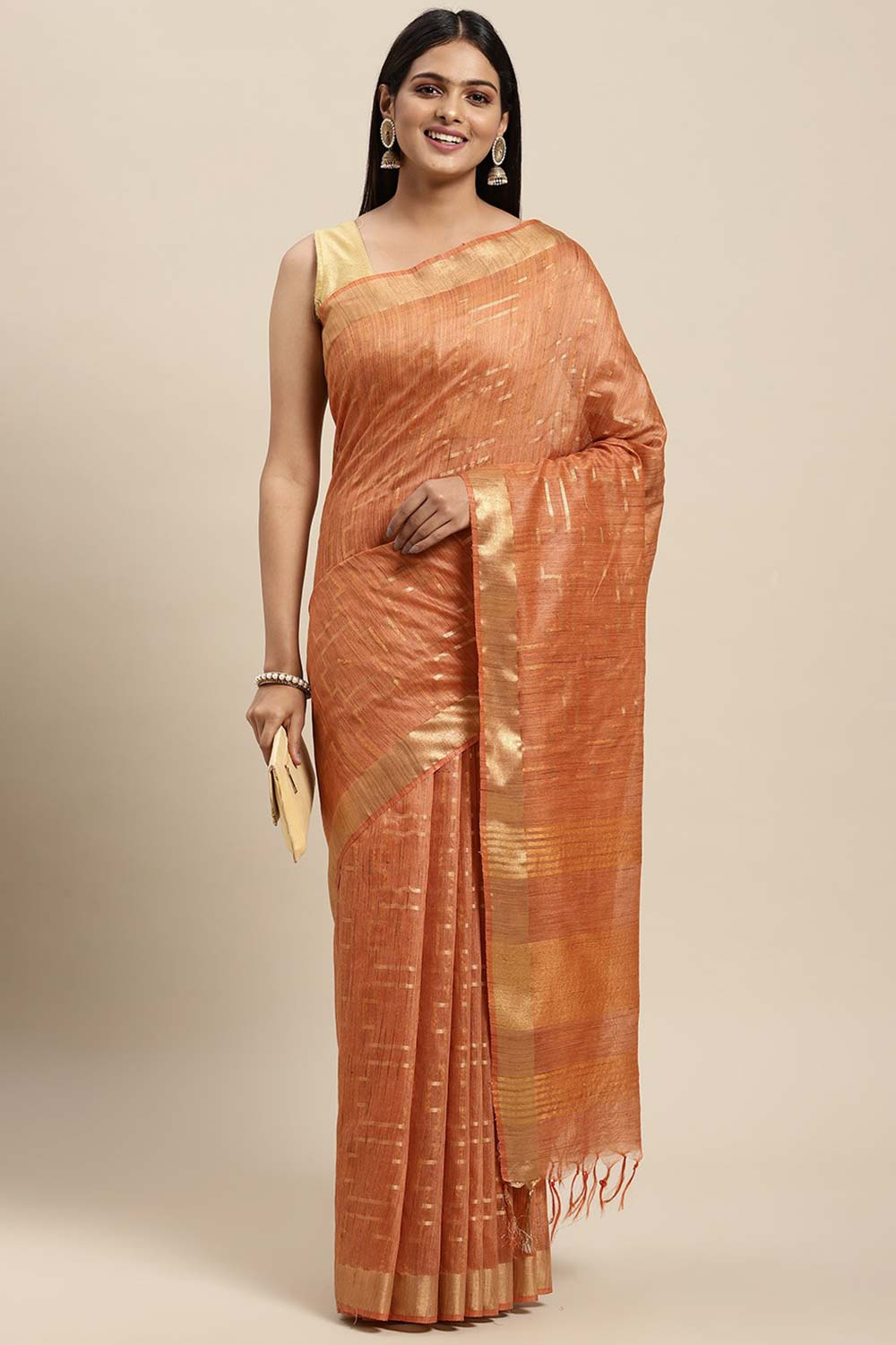 Anise Orange Silk Blend Geometric One Minute Saree