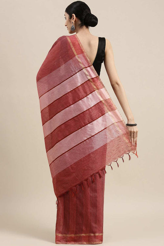 Buy Pink Zari Woven Silk Blend One Minute Saree Online - Back