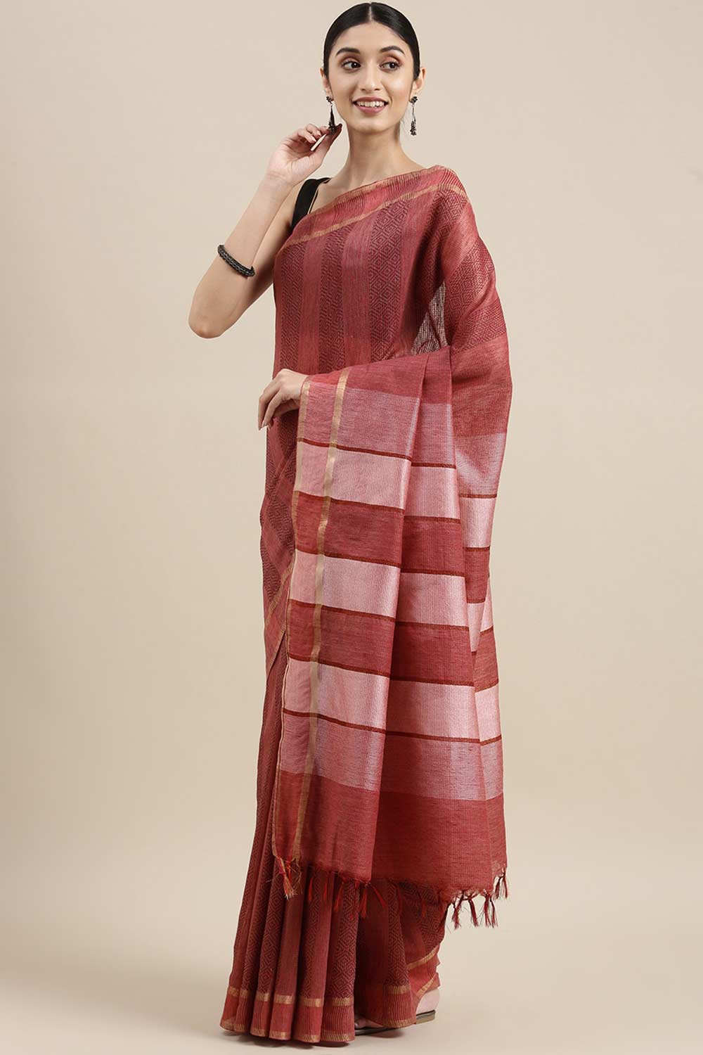 Buy Pink Zari Woven Silk Blend One Minute Saree Online