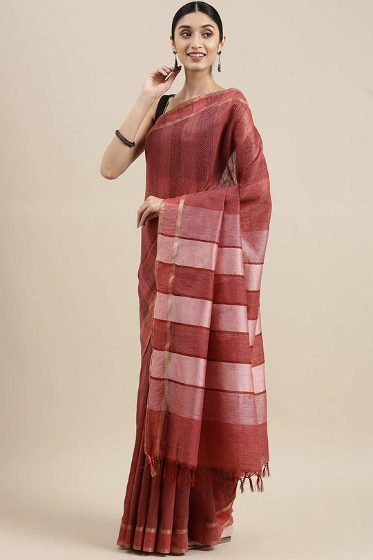 Buy Pink Zari Woven Silk Blend One Minute Saree Online