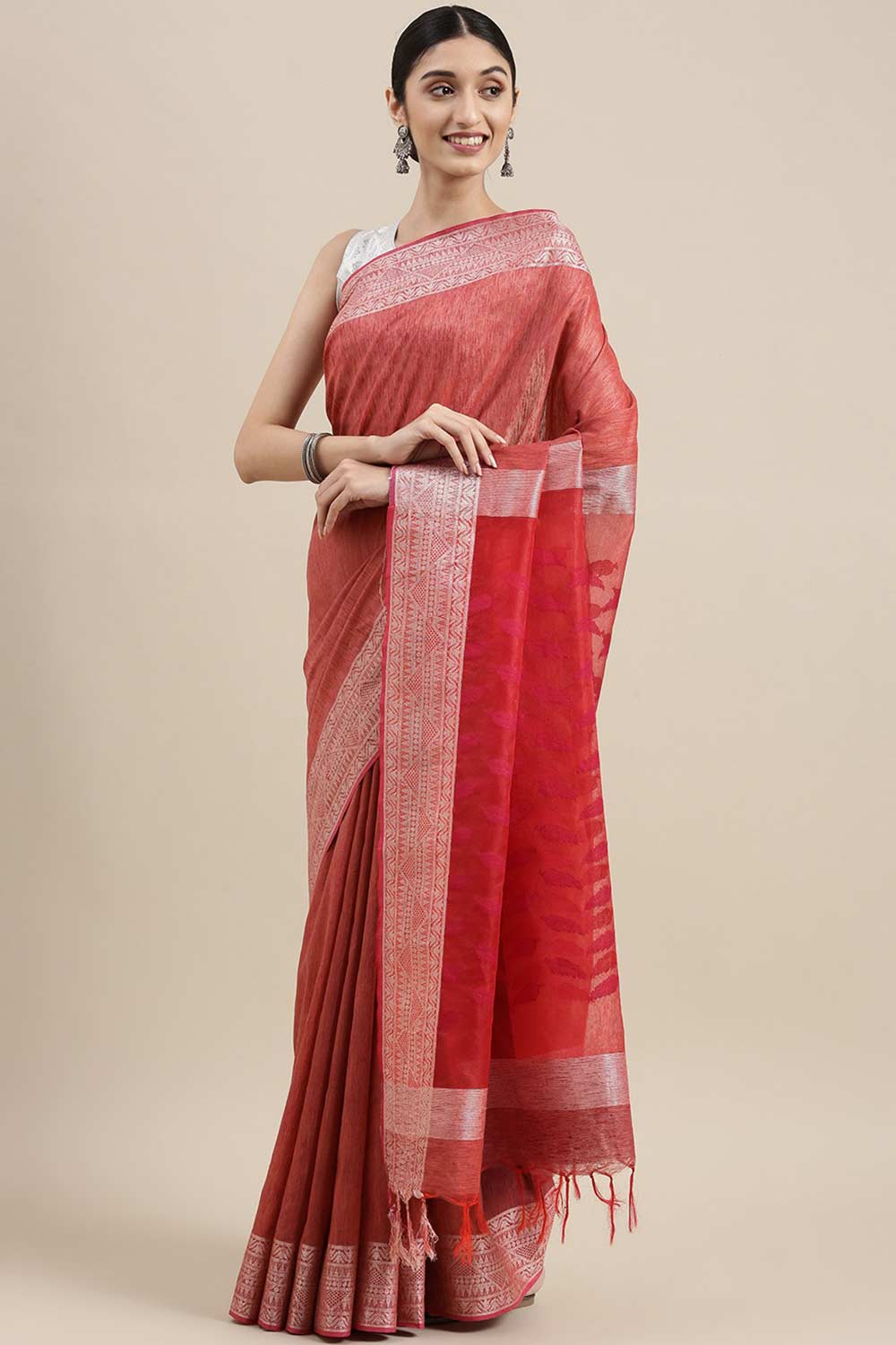 Buy Red Zari Woven Silk Blend One Minute Saree Online