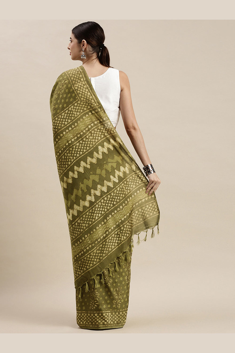 Buy Green Batik Print, Polka Dot Art Silk One Minute Saree