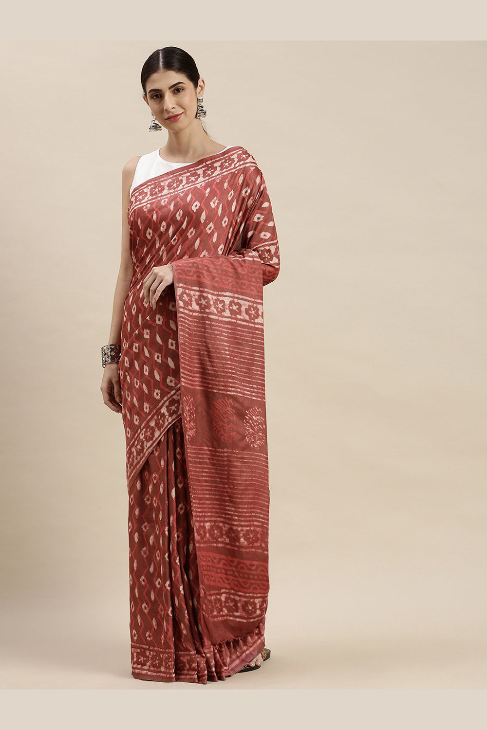 Buy Brown Batik Print Art Silk One Minute Saree