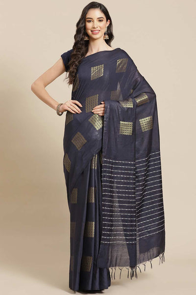 Buy Navy Blue Zari Woven Blended Silk One Minute Saree Online