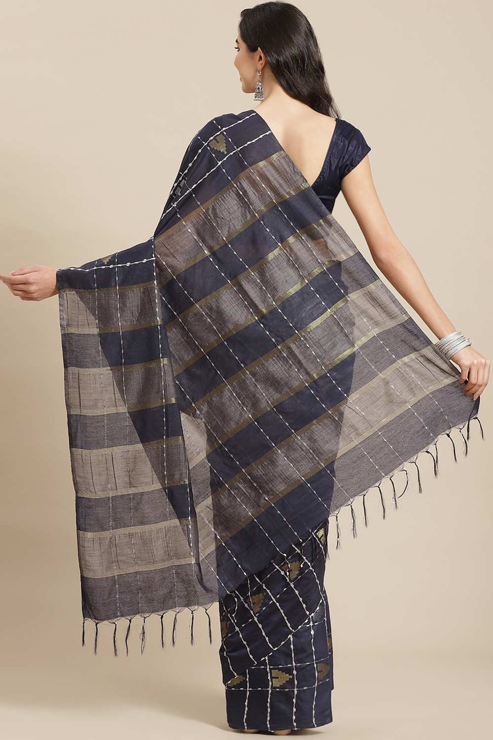 Buy Navy Blue Zari Woven Blended Silk One Minute Saree Online - Back