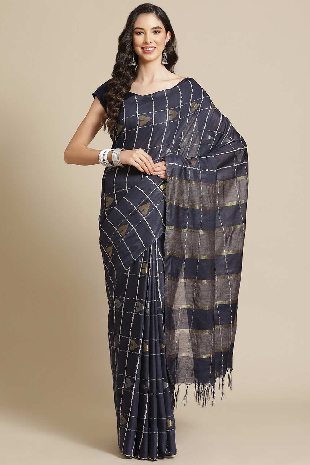 Buy Navy Blue Zari Woven Blended Silk One Minute Saree Online