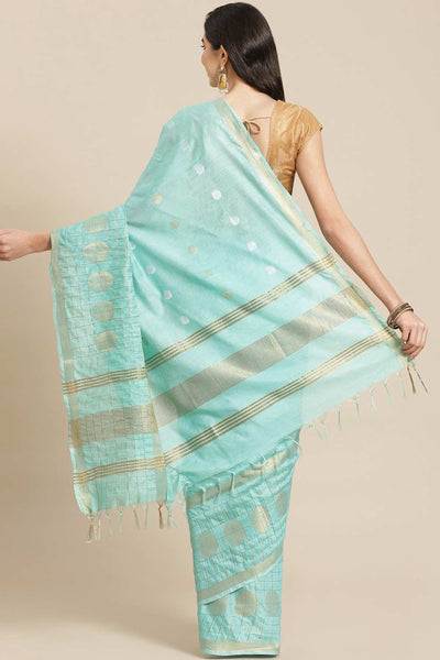 Buy Turquoise Blue Zari Woven Blended Silk One Minute Saree Online - Back
