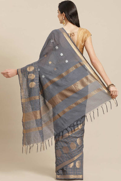 Buy Grey Zari Woven Blended Silk One Minute Saree Online - Back