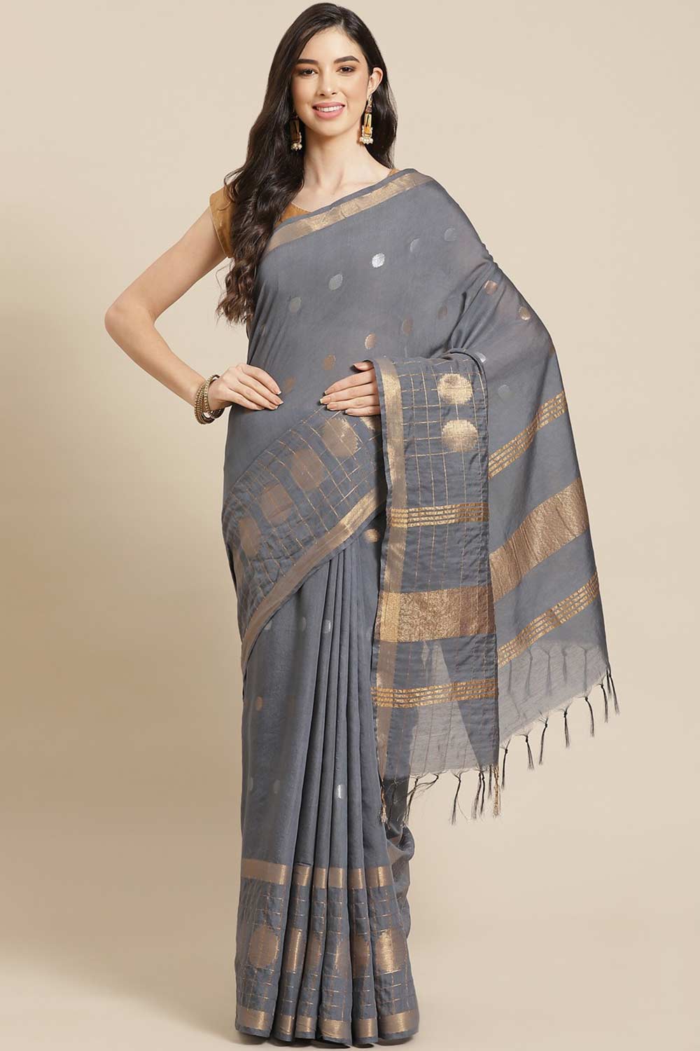 Buy Grey Zari Woven Blended Silk One Minute Saree Online