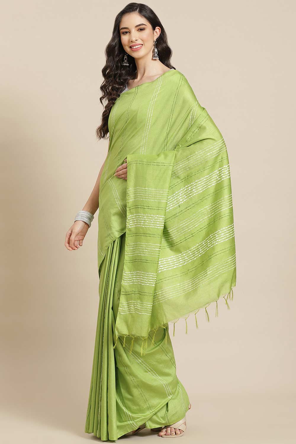 Buy Light Green Woven Blended Silk One Minute Saree Online
