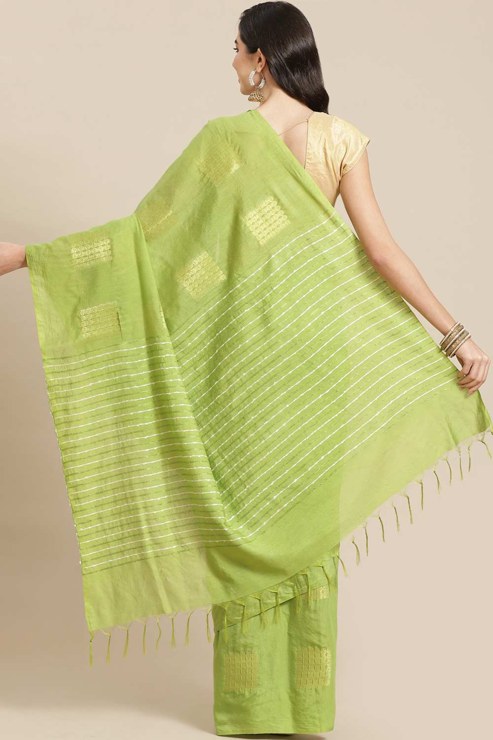Buy Light Green Zari Woven Blended Silk One Minute Saree Online - Back
